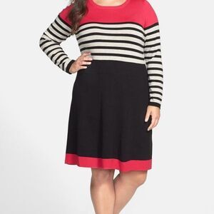 Eliza J Black White Pink Striped Colorblock Fit Flare Sweater Dress Plus Size